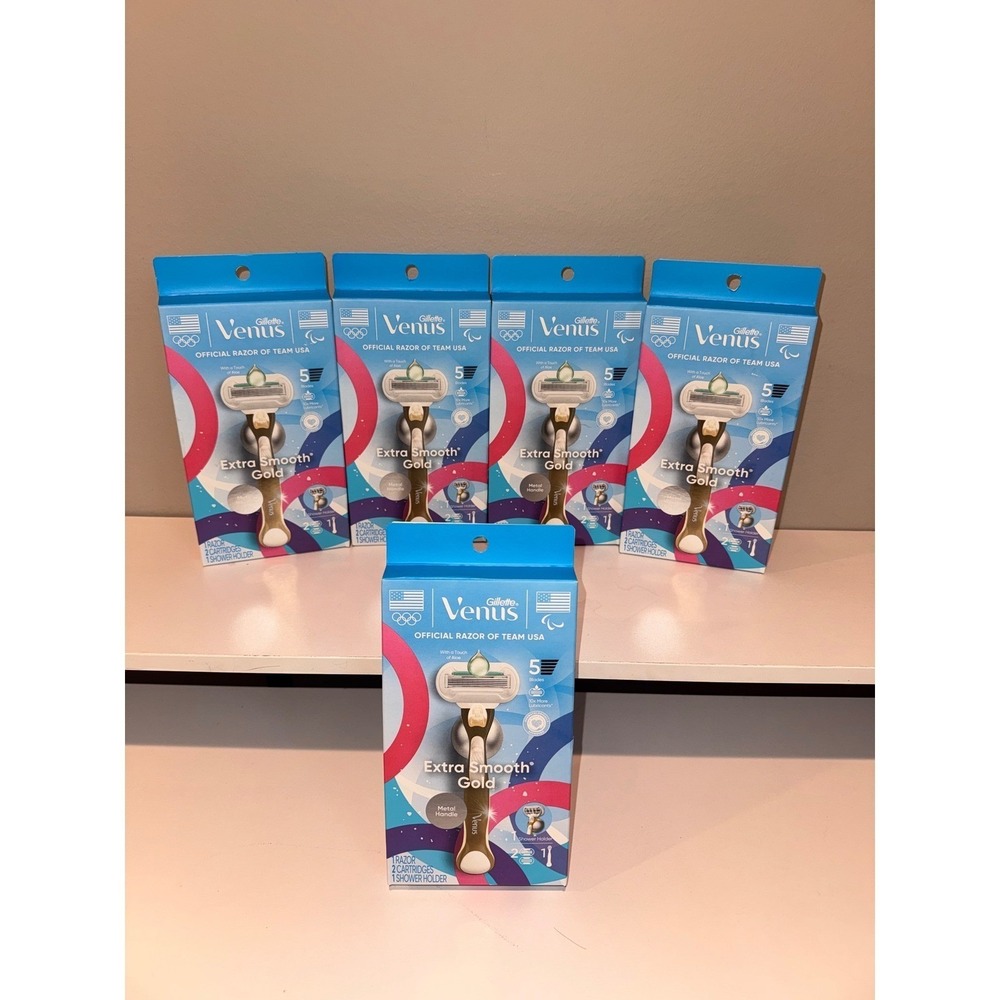 Lot of 5 Gillette Venus Extra Smooth Gold Razor Team USA Metal Handle 2 Refills